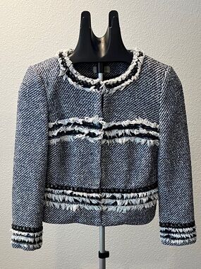 Tory Burch Rosemary Tweed Jacket Size 4 Navy Blue Fringe Sequin Crop Blazer